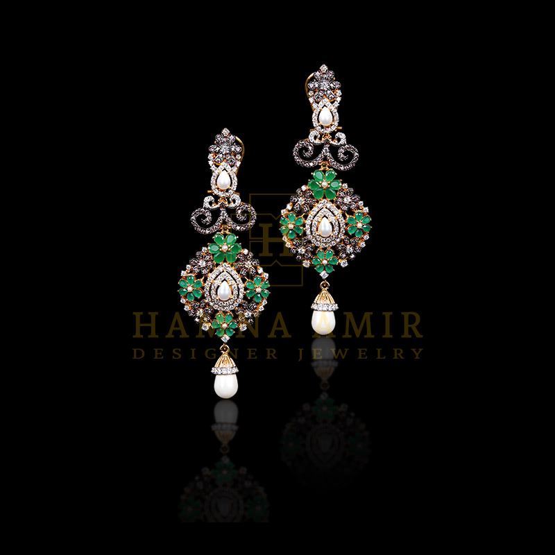 Emerald and pearl earrings