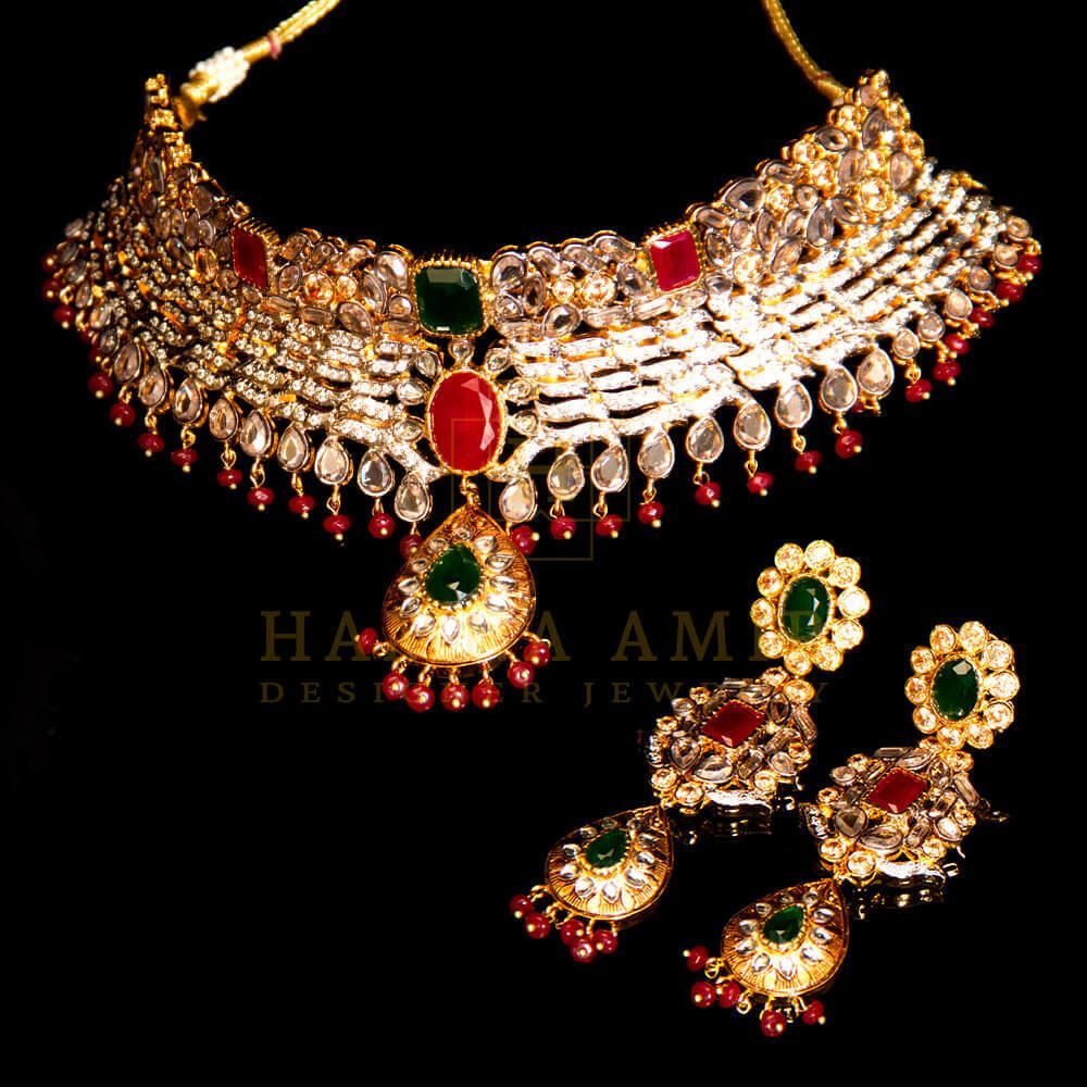 Gold plated ruby and emeralds choker set