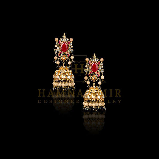 Kundan jhumkas with black onyx and aqeeq